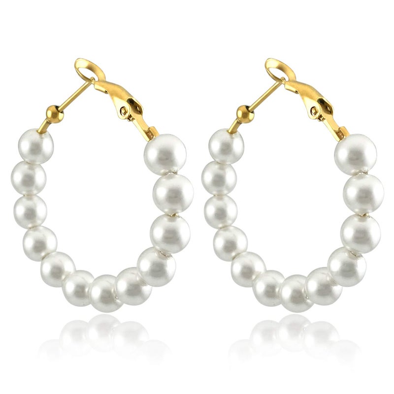 RONLLNA Pearl Hoop Earrings for Women Fashion Dangle Hypoallergenic Layer Earrings Drop Dangle Earrings Gifts for Women (35mm hoop) - Image 1